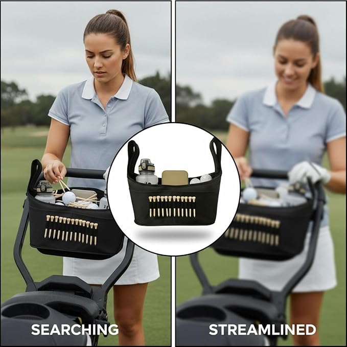 Golf Push Cart Bag, Golf Accessory Bag with Adjustable Compartments, Multiple Pockets, and Quick Attachment Straps, 15x3.1x8.3 in for Golf Carts, Strollers