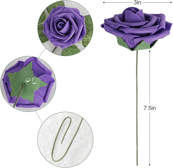 AmyHomie Artificial Flower Seriesc Purple Rose 25pcs Real Looking Fake Roses - Image 2