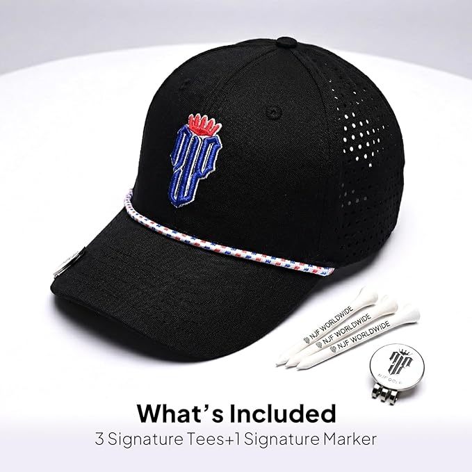 NJF Golf Hat Men - Breathable Mens Golf Hats, Adjustable Rope Hook and Loop Style Cap, Convenient Cap with Tee Holder