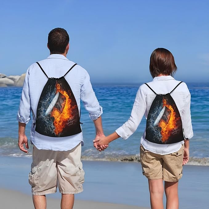 Boys Hockey Drawstring Bags, Sports-Themed Drawstring Backpack Casual Knapsack with Water and Fire Printed for Kids Teens Adults Women Men for Gym Travel Swimming Hiking Camping, Medium