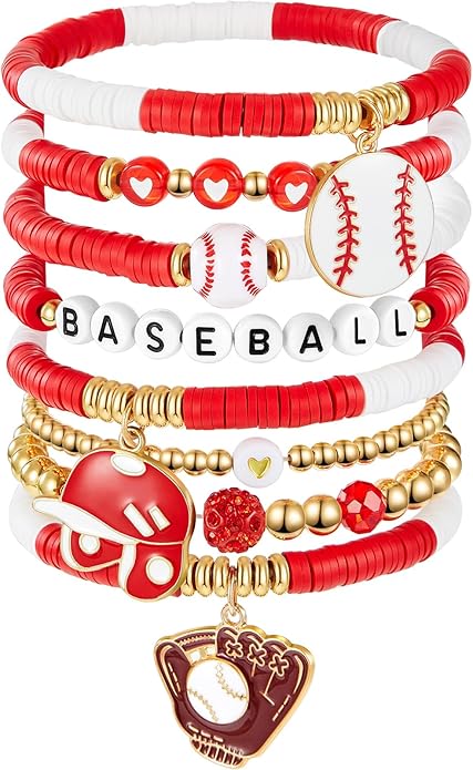 Huquary 8 Pack Sports Bracelets for Women Mom Soccer Baseball Football Volleyball Basketball Stackable Heishi Clay Beaded Bracelet Accessories Fan Outfits Jewelry Gifts for Sports Party Favor