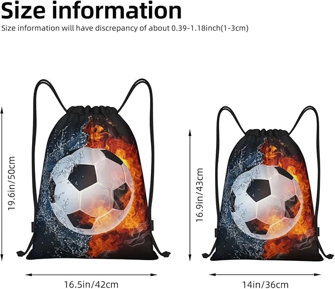 Kids Soccer Drawstring Bags for Boys Girls, Sports-Themed Drawstring Backpack Casual Knapsack with Water and Fire Printed for Teens Adults Women Men for Gym Travel Swimming Hiking Camping, Small