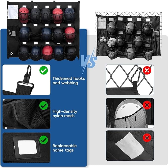 KAVIGOR Baseball/Softball Dugout Organizer - 15+ Helmet & Glove Storage Bag, Military-Grade 900D Fabric & 6 Reinforced Steel Hooks
