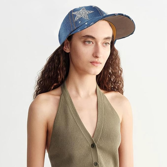 Hoce Fashion Rhinestone Denim Baseball Cap Studded Bling Hat for Women