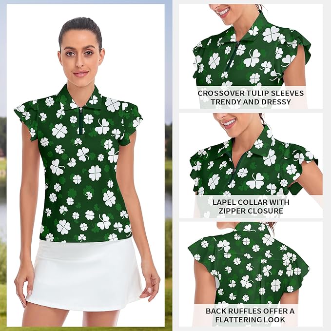 Soneven Womens Petal Sleeve Golf Shirts Moisture Wicking Lady Golf Apparel Print Tennis Sport T Shirt