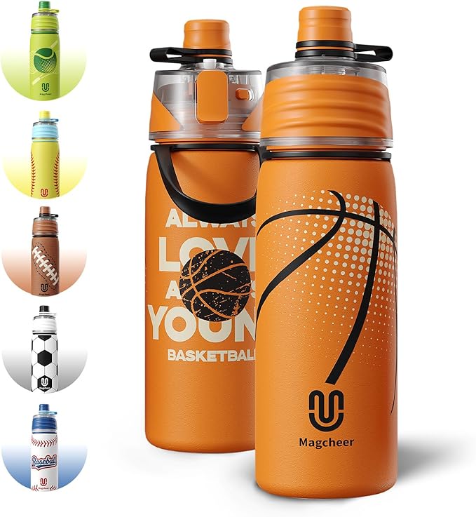 Basketball Water Bottle - 20oz Insulated Misting Water Bottles Stainless Steel 3D Textured - Basketball Accessories Gift for Kids