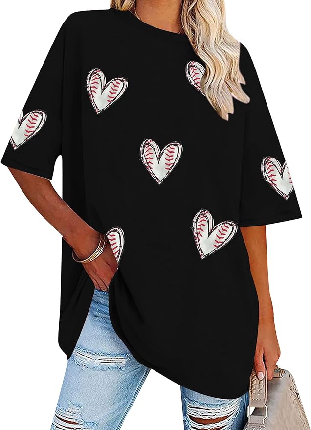 MOUSYA Baseball Shirts Women Oversized Baseball Mom Tshirt Baseball Heart Graphic Tee