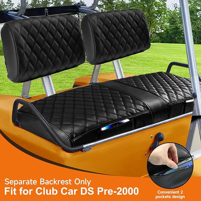 Club Car DS Pre-2000 Seat Covers, Golf Cart Seat Covers for Club Car DS 1982-2000 Front Seats, Enhanced/Comfortable/Breathable Vinyl Leather, Waterproof and Non-Slip, 2 Convenient Pockets