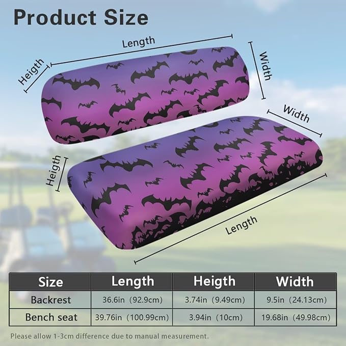 Yewatlles Purple Retro Halloween Bats Golf Cart Seat Cover Set Fashion Printed for Club Car Small Breathable Bench Seat Covers, Washable Polyester Cloth Without Logo