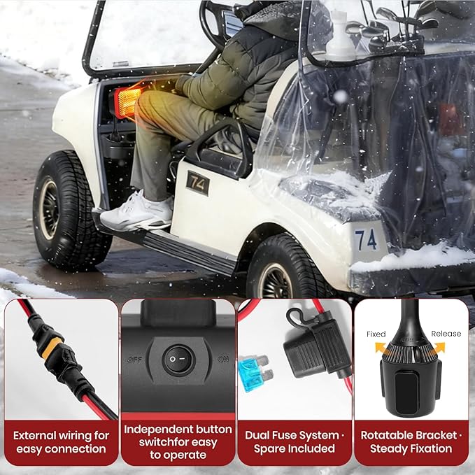 Electric Golf Cart Heater (2nd Gen) with 360 Degree Adjustable Angle, Battery Powered Golf Cart Heater, 400W Silent Carbon Fiber Heating for Club Car/Yamaha/EZGO Golf Cart