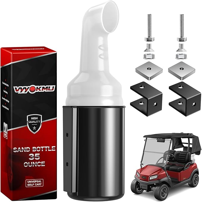 No Drilling Golf Cart Sand Bottle with Holder Bracket, Sand Bottle for Golf Cart YAMAHA Club Car EZGO with 1" Square Tube, Golf Cart Sand Divot Seed Bottle Holder Bucket 35 oz Large Capacity