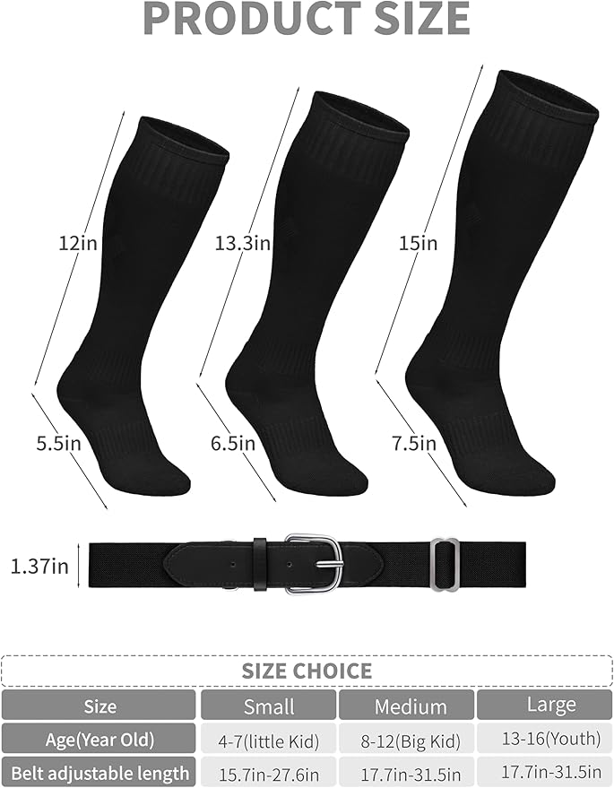 Baseball Socks and Belt Combo Set Cotton Boys Adjustable Baseball Softball Socks and Belt for Boys Girls