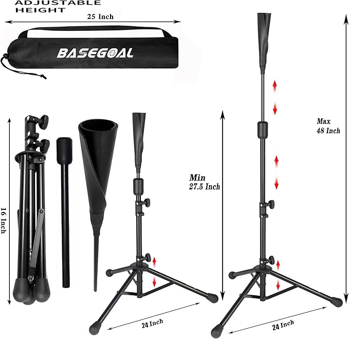 BaseGoal Batting Tee Baseball Tee,Softball Travel Portable Tee Tripod Stand Rubber Tee for Batting Training Practice with Carrying Bag