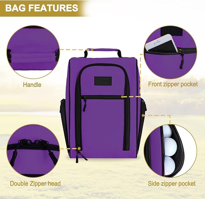Goloni Golf Shoe Bag for Men Women, Ventilated Golf Shoe Bag with Side Pockets, Lightweight Portable Golf Shoe Carrier for Golf Shoes, Tees, Balls & Accessories,Purple