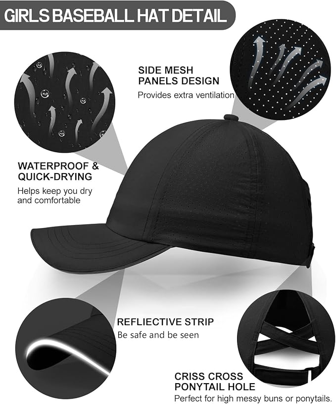 Little Girls Reflective Baseball Cap Criss Cross Ponytail Hat Kids Quick Dry Mesh Summer Sports Hat for Toddler Ages 3-8