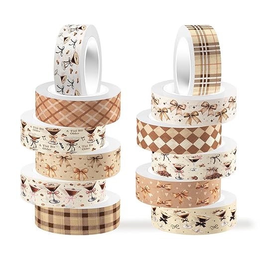 12 Rolls Martini Washi Tape, Vintage Brown Checkered Bow Masking Tape, Martini by Unknown