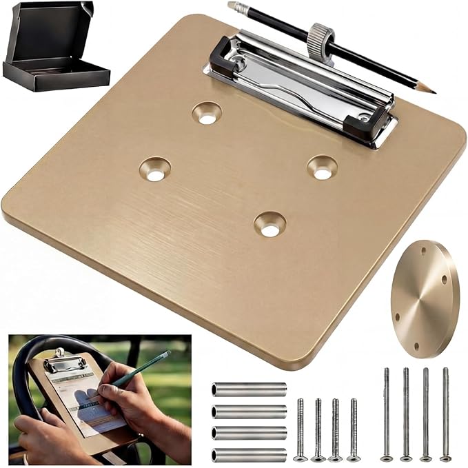 Premium Aluminum Golf Cart Steering Wheel Scorecard Holder with Pencil Holder– Heavy Duty Steering Wheel Mount Compatible with EZGO and Club Car(Not Included Pen)