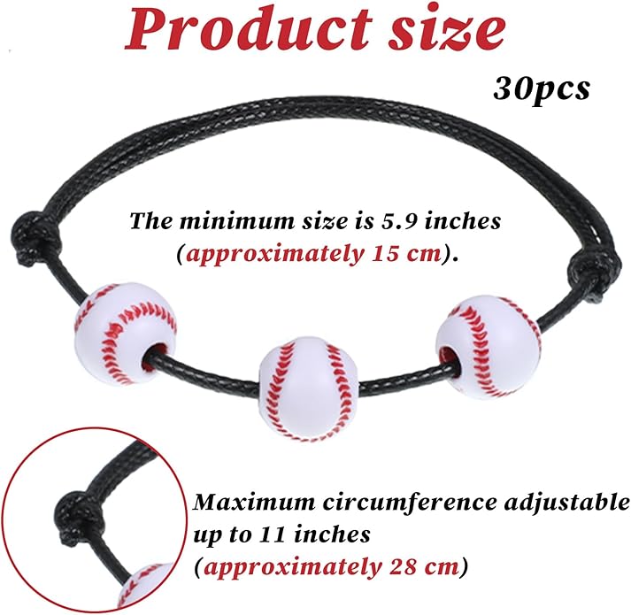 30 PCS Baseball Bracelets Baseball Themed Party Favors, Baseballs Bracelets Charm Baseballs Gifts for Women Men Adjustable Sport Wristbands with Bead Balls Bracelet for Birthday Party Sports Favors