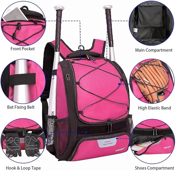 DAFISKY Baseball Bag Softball Backpack - Youth Adult T Ball Bat Equipment Bag with Bat Helmet Holders, Shoe Compartment