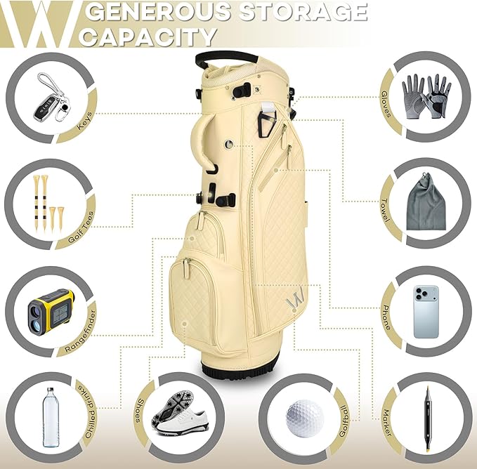 Luxury Womens Golf Bag, PU Leather Golf Stand Bag for Women/Ladies, 14-Way Full-Length Top Dividers, Ultra Lightweight, Large Pockets for Accessories