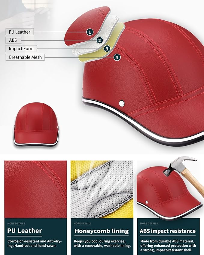 Adult Baseball Cap Helmet - Urban Style for Golf, Low Profile Urban Commute PU Retro Leather Hat for Men & Women