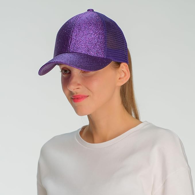C.C Ponycap Messy High Bun Ponytail Adjustable Glitter Mesh Trucker Baseball Cap
