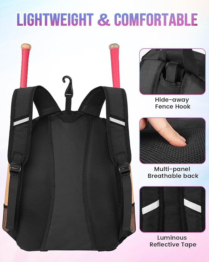 MATEIN Softball Bag, Lightweight Baseball Backpack with Shoe Compartment, Baseball Bag with Fence Hook for TBall Bat & Equipment, Softball Gifts Catchers Backpack for Women Fit Catcher’s Mitt, Helmet
