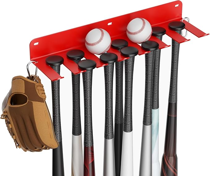 QBA Wall Mount Baseball Bat Holder, Heavy Duty Metal Bats Rack, Holds 14 Bats, Bat Organizer for Dugout Fence Home Garage (Red)
