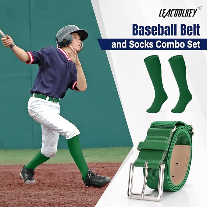 LEACOOLKEY Baseball Belt and Socks Combo Set Adjustable Softball Socks and Elastic Belt for Youth and Adult