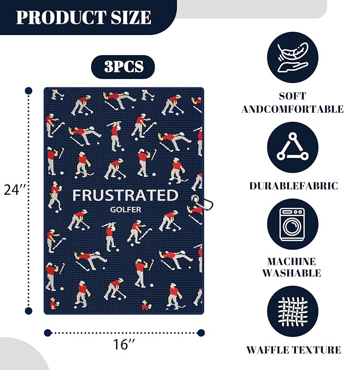 Microfiber Golf Towels (16" X 24") with Carabiner Clip, Waffle Pattern Golf Towel Hook and Loop Fastener, Golf Club Towel, Premium Golf Accessories, Gift for Men, Golfers, Dad (Three Navy Blue)