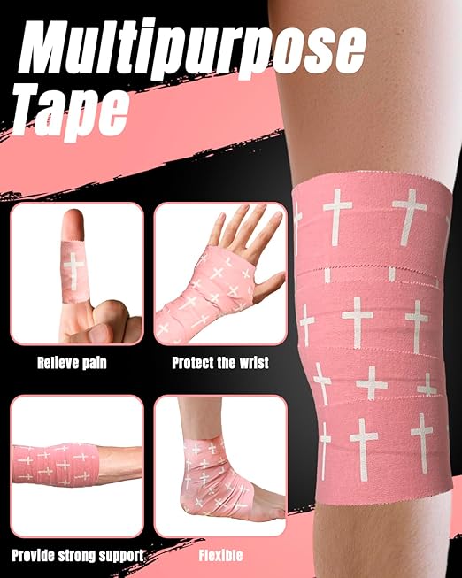 Yigney 2 Pcs Cross Tape Christian Athletic Tapes Religious Sport Soccer Wrist Tape Cross Pink Tapes for Soccer Football Baseball Gymnastics Boxing Christian Church Gifts Tennis 2IN X 23FT