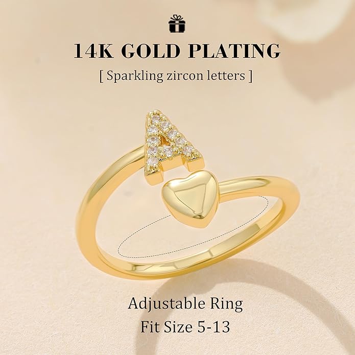 Gold Initial Rings for Women Girls, Dainty 14K Gold Plated Adjustable Initial - Image 7