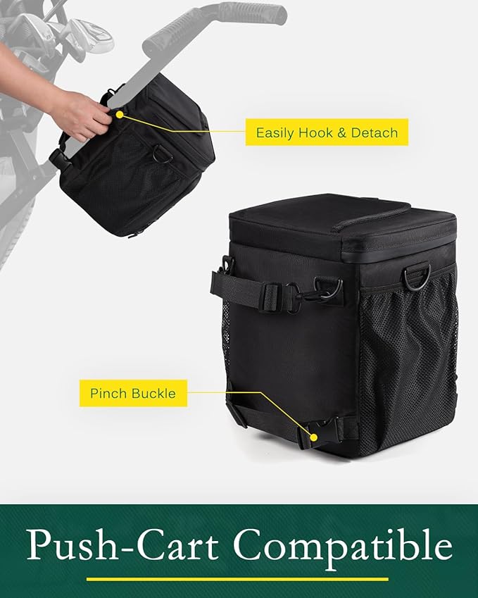 Golf Cart Cooler Bag Insulated - 12-Can Leakproof Soft Cooler Bag with Hook-and-Loop Lid, Waterproof Zippers, and Multi-Pockets for Accessories; Fits on Golf Push Cart