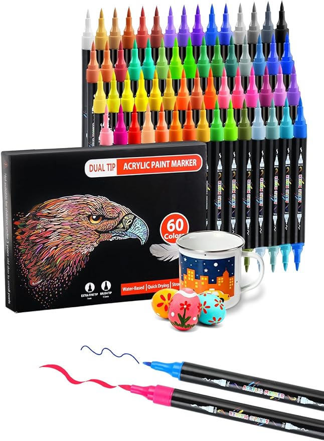 60 Colors Acrylic Paint Markers, Dual Tip Acrylic Paint Pens by Brled