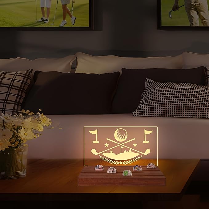 Light Up Golf Ball Marker Display, Wooden Acrylic Accessories with Warm White Color Lights USB Powered, Desk Decor, Gift for Golfers