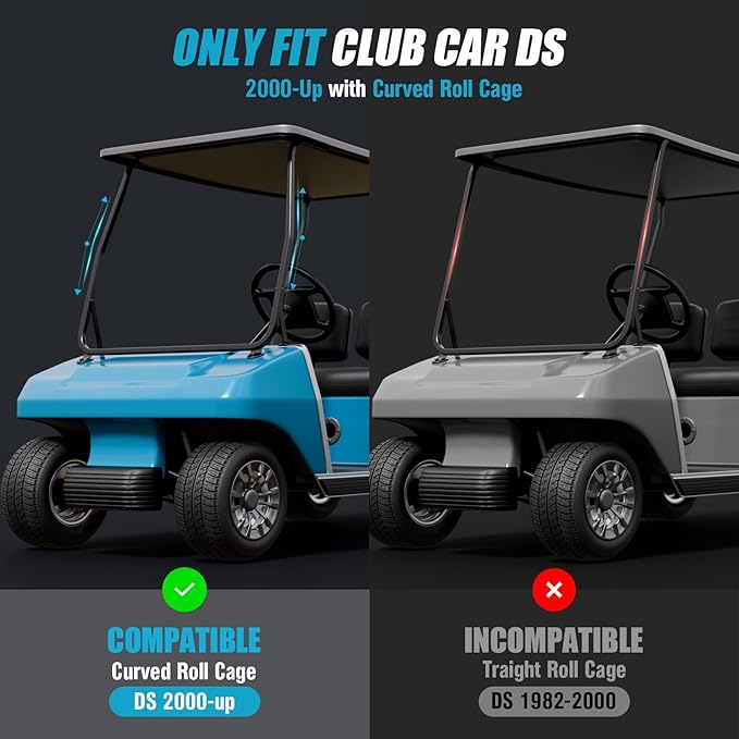 Golf Cart Windshield for Club Car DS 2000-Up Gas and Electric, Fit Tapered Front Struts Only, 5MM PC Club Car DS Windshield with Heavy Duty Hinges, UV-Proof & Impact Resistant(Clear)
