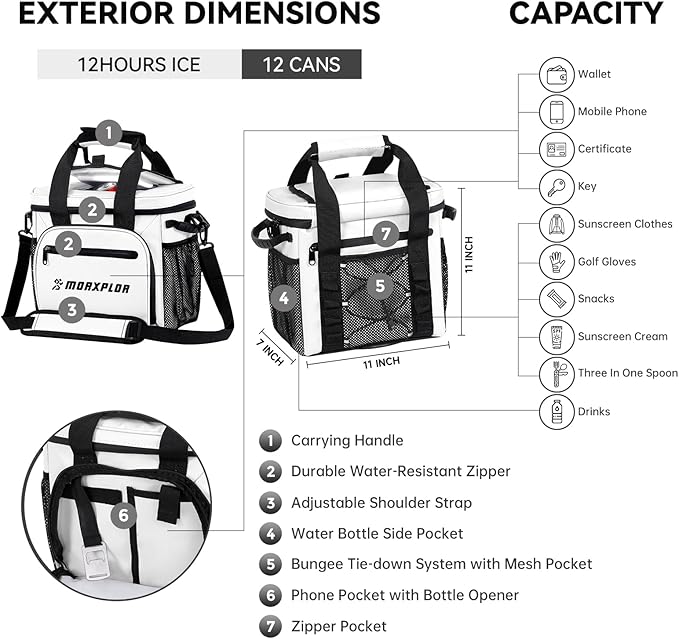 MORXPLOR Golf Cart Cooler with Magnetic Lid 12-Can Insulated Soft Cooler Bag Collapsible for Golf Cart,Golf Accessories,Lunch Camping Cooler Insulated Lunch Bag with Adjustable Shoulder Strap