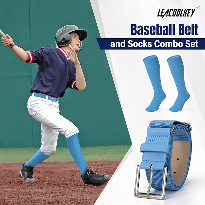 LEACOOLKEY Baseball Belt and Socks Combo Set Adjustable Softball Socks and Elastic Belt for Youth and Adult