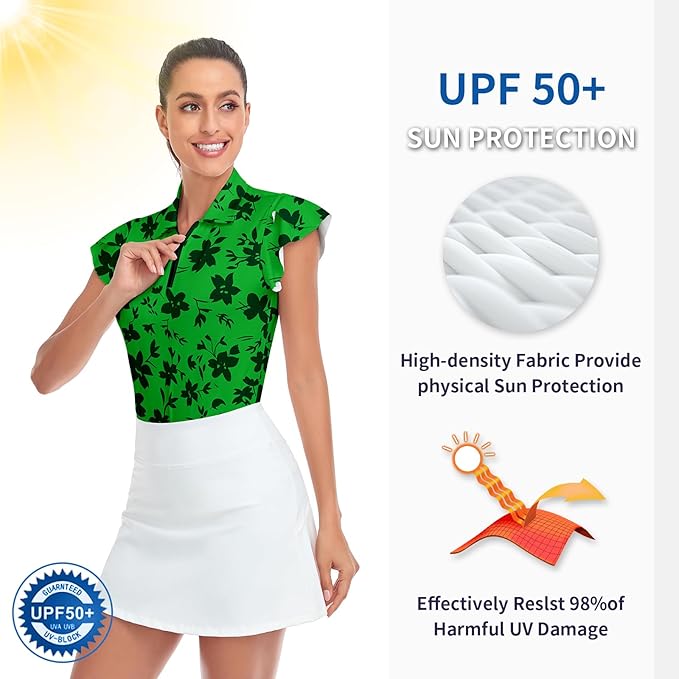 Soneven Womens Petal Sleeve Golf Shirts Moisture Wicking Lady Golf Apparel Print Tennis Sport T Shirt