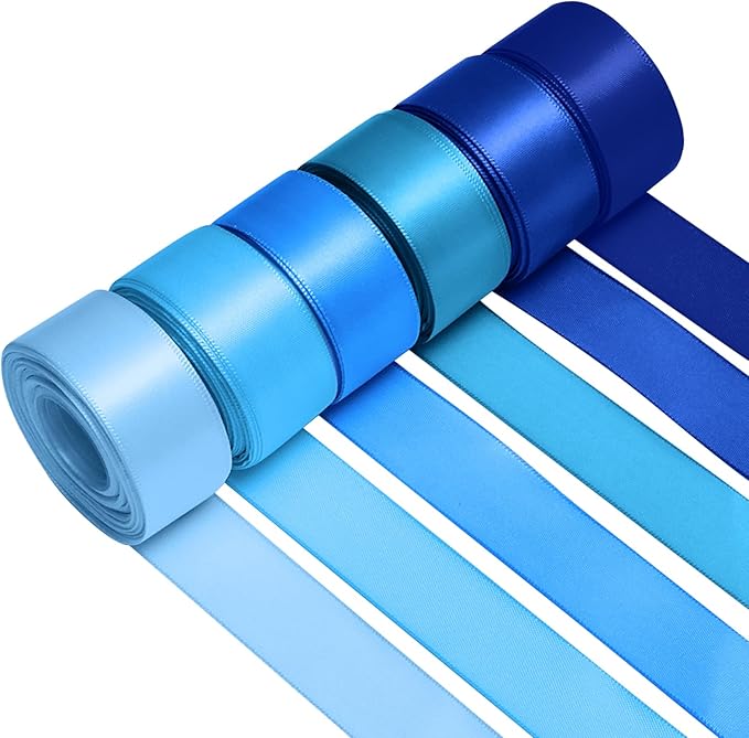 1 Inch Blue Satin Ribbons for Crafts, 6 Rolls Single-Faced Blue Assorted by Jacriah