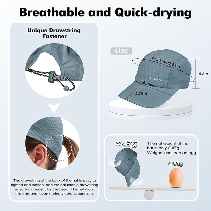 Sukeen Lightweight Sun Hat for Women Men,Quick Drying Baseball Cap UPF50+ Running Hats Foldable Sport Cap for Outdoor Daily