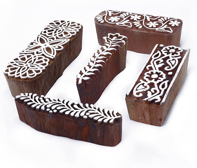 Wooden Stamps for Block Printing | Set of 5 | Border Shaped Wooden Finger Stamps by Hashcart
