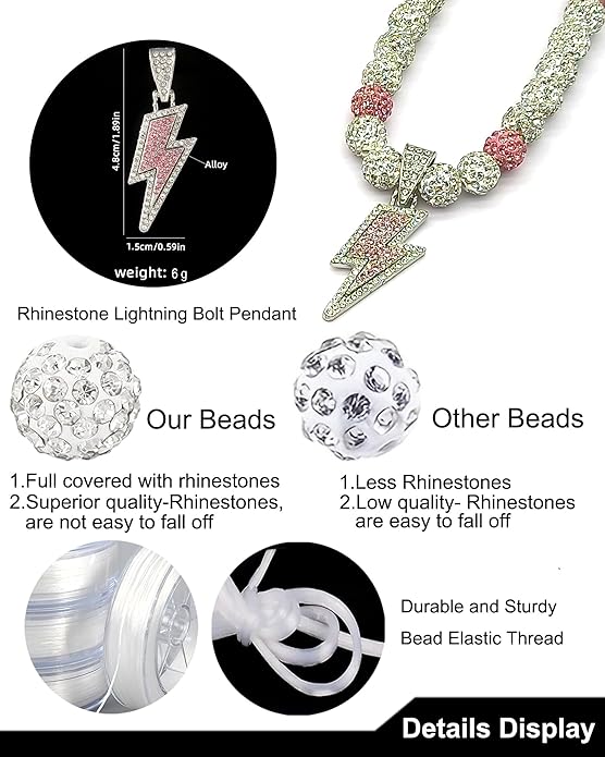 Baseball Necklace for Men 16/18/20 Inch Bling Ice Collection Lightning Bolt Pendant Necklace for Women Rhinestone Clay Beaded Discoball Accessories Gifts for Baseball Team Players Lovers