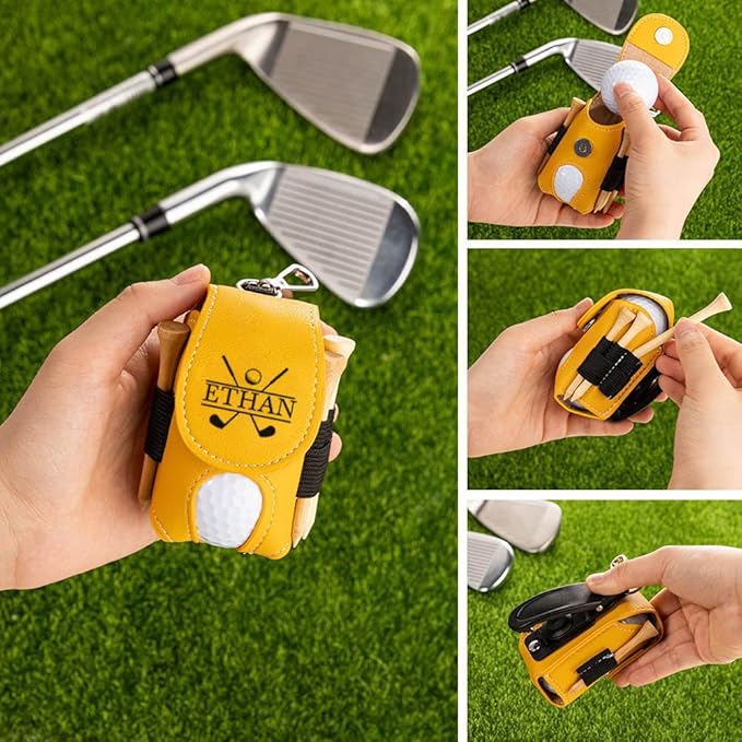 CALLIE Personalized Golf Ball & Tee Holder - Custom Name on Leather Golf Pouch with Belt Clip, Gifts for Golfers