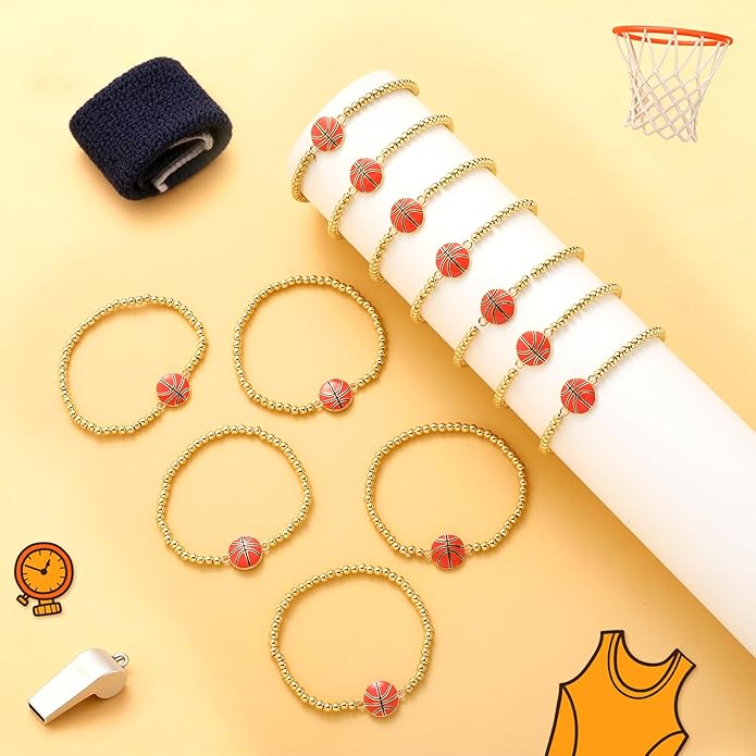 Tondiamo 24 Pcs Cheer Baseball Softball Soccer Basketball Football Tennis Bracelets Gifts Bulk Beaded Stretch Bracelets Charm Gifts Sport Jewelry Party Favors Supplies