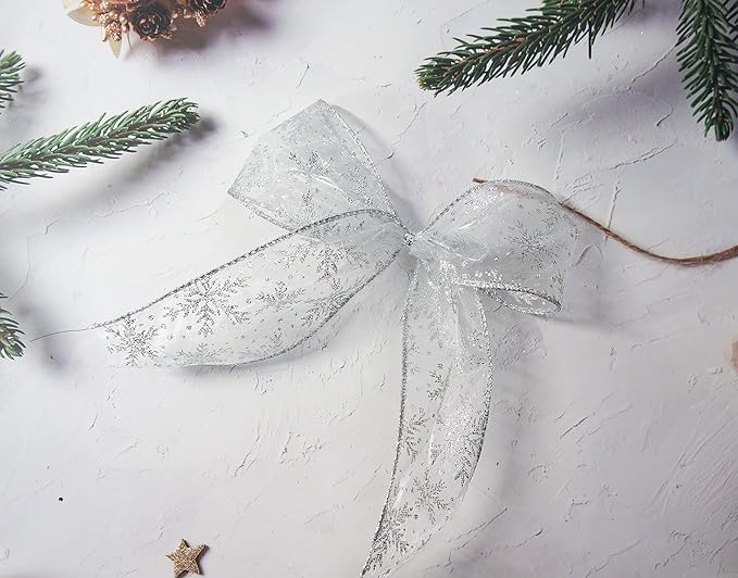 CT CRAFT LLC Organza with Silver Glitter Snowflakes Wired Ribbon 2.5 inch x 50 - Image 5