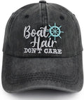 Boat Hair Don't Care Hats for Men Women, Adjustable Embroidered Cotton Washed Distressed Denim Fishing Baseball Cap