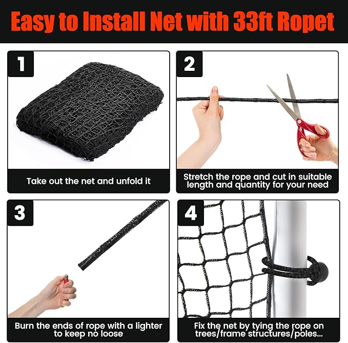 Baseball Softball Backstop Nets,Sports Net with 33ft Rope or Steel Hanging Kit, Nylon Nets Also for Basketball Soccer Lacrosse Hockey.