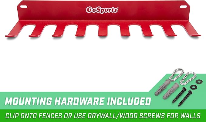 GoSports Baseball & Softball Bat Racks - Black or Red, Holds 16 Bats - Mount on Wall or Clip on Dugout Fence