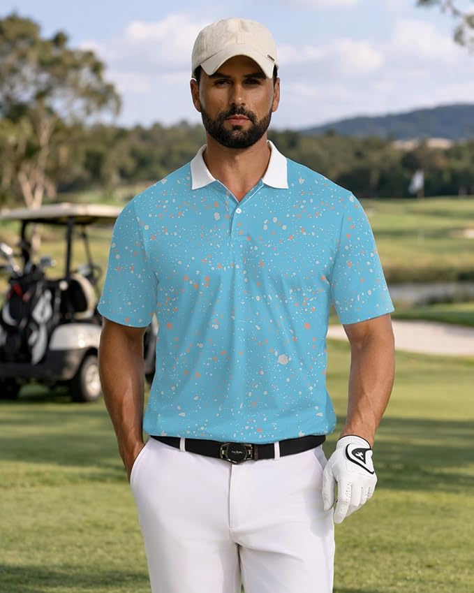 KUYIGO Mens Polo Shirt Quick Dry Moisture Wicking UPF 40+ Performance Printed Short Sleeve Summer Tennis Golf Shirt